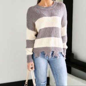 Fab'rik Striped Distressed Sweater Grey & Cream Size O/S